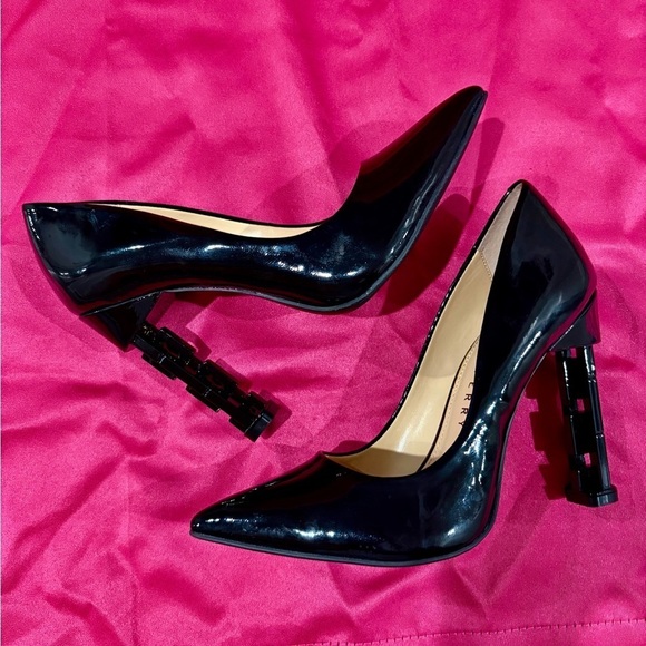 Katy Perry Collections Shoes - Katy Perry Collections Black Patent Pointed Toe Heels with Sculpted Block Heels